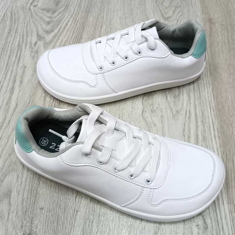 calzado minimalista, deportiva barefoot zzfaber blanco con aguamarina