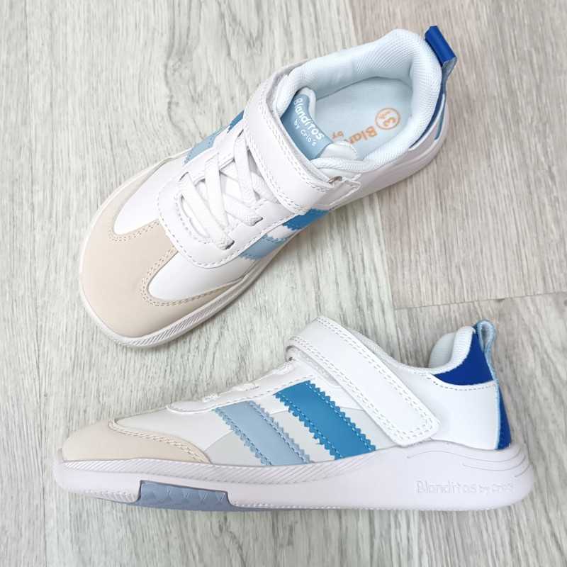 calzado respetuoso infantil, modelo ares de blanditos en color blanco y azul