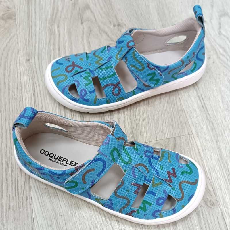 calzado respetuoso infantil, sandalia coqueflex azul estampado