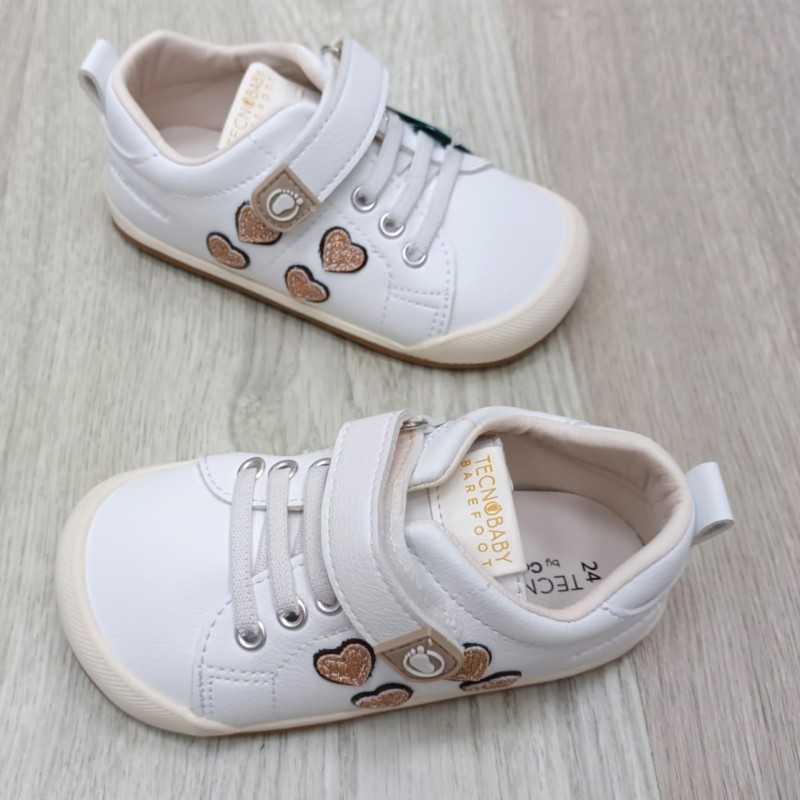 calzado respetuoso infantil, calzado barefoot tecnobaby de conguitos en color blanco con corazones