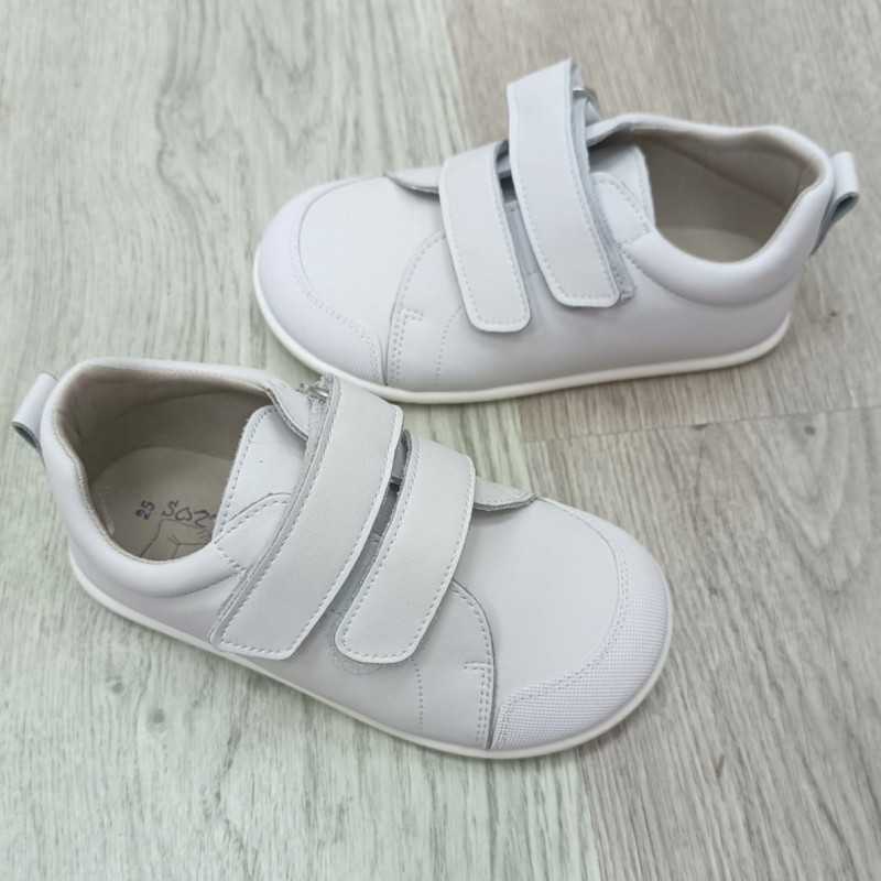 calzado respetuoso infantil, calzado barefoot, deportiva blanca básica colegial fabricada en piel